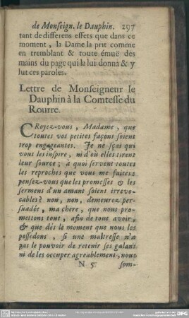 Lettre de Monseigneur le Dauphin a la Comtesse du Rourre
