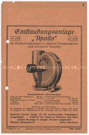 Entstaubungsanlage "Apollo" für Einbaudreschanlagen u. fahrbare Dreschmaschinen nach besonderen Angaben / Prospekt Nr. 283