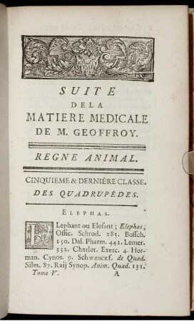 Regne Animal. Cinquieme & Derniére Classe. Des Quadrupédes.