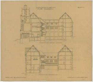 Fischer, Theodor; Kassel; Museum (jetzt: Hessisches Landesmuseum) - Waffenhalle, Antikensaal, Kirchenraum u. Hof (Längsschnitte)