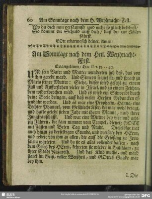 Am Sonntage nach dem Heil. Weyhnacht-Fest. Evangelium, Luc. II. v. 33 - 40