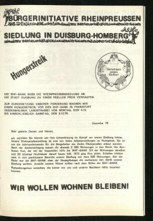 [Eingeheftete Beilage: Bürgerinitiative Rheinpreußen - Hungerstreik. Wir wollen bleiben!]
