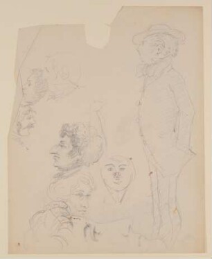 Skizzenblatt: 8 Kopfstudien und eine stehende Männergestalt [aus einer Mappe mit Skizzenblättern von Gisela von Arnim und Herman Grimm]
