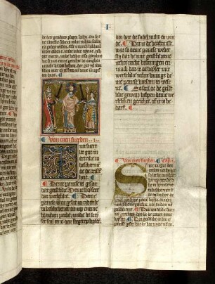 Miniatur mit Christus zwischen Papst und Kaiser; Randleistenintitale; S-Lombarde in Blattgold