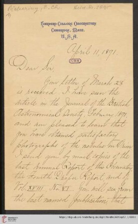 Briefe von Edward Charles Pickering an Max Wolf: Brief von Edward Charles Pickering an Max Wolf