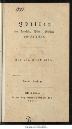 Idillen des Theokrit, Bion, Moschus und Koluthus : Aus dem Griechischen