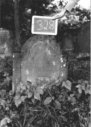 Grabstein 328 (Index: 99895702) Material: Sandstein Zustand: verwittert Maße HxBxT: 68x55x7 cm Beschreibung: Stele mit eingezogenem Rundbogenabschluss: Grabstein 328