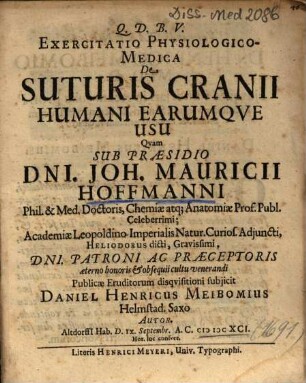 Exercitatio Physiologico-Medica De Suturis Cranii Humani Earumqve [Earumque] Usu