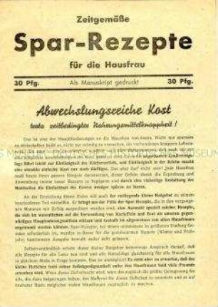 Faltblatt mit Rezepten aus der Nachkriegszeit