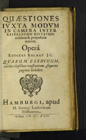 Quaestiones Iuxta Modum In Camera Inter Referendum Usitatum: resolutae & praeiudiciis munitae : Quarum Elenchum, certis claßibus constantem, sequens pagina exhibet