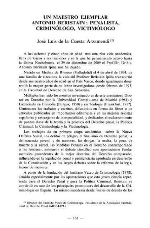 131-134, Un maestro ejemplar. Antonio Beristain: penalista, criminólogo, victimólogo