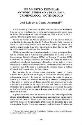 131-134, Un maestro ejemplar. Antonio Beristain: penalista, criminólogo, victimólogo