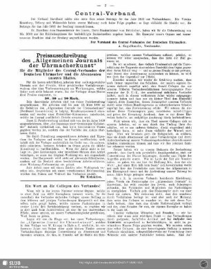 Preisausschreibung des "Allgemeinen Journals der Uhrmacherkunst" für die Mitglieder des Central-Verbandes der Deutschen Uhrmacher und die Abonnenten unseres Blattes
