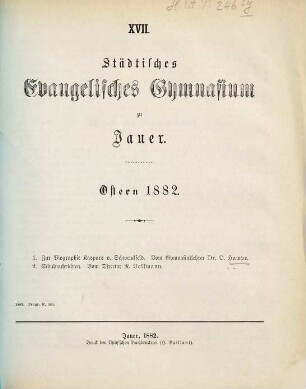 Städtisches Evangelisches Gymnasium zu Jauer : Ostern .... 1881/82
