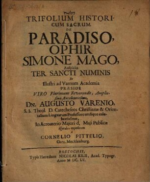 Trifolium Historicum Sacrum, De Paradiso, Ophir, Simone Mago