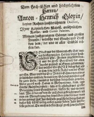 Dem Hoch-Edlen und Hochgelahrten Herren/ Anton-Henrich Gloxin/ [...]