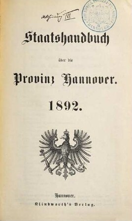 Staats-Handbuch über die Provinz Hannover. 1892