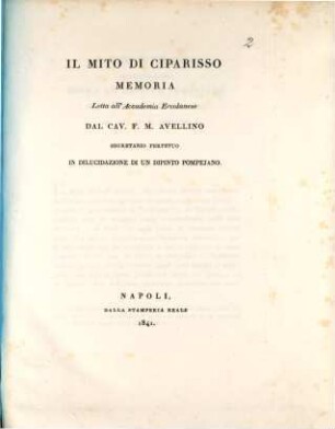 Il mito di Ciparisso : memoria letta ... in dilucidazione di un dipinto Pempejano