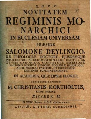 Novitatem regiminis monarchici in ecclesiam universam, Dissert. II.