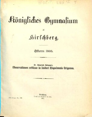 Königliches Gymnasium zu Hirschberg i. Schl. : Ostern .... 1894/95