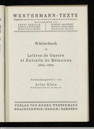 Wörterbuch zu Lettres de Guerre et Extraits de Mémoires (1914-1918).