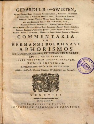 Commentaria in Hermanni Boerhaave Aphorismos de cognoscendis et curandis morbis. 7