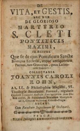 De vita, et gestis, nec non de glorioso martyrio S. Cleti ... collectanea