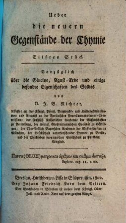 Ueber die neuern Gegenstände der Chymie, 11. Vorzüglich über die Glucine, Agust-Erde und einige besondre Eigenschaften des Goldes