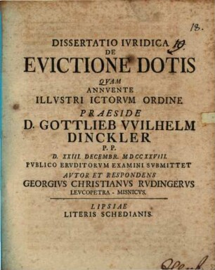 Dissertatio Ivridica De Evictione Dotis
