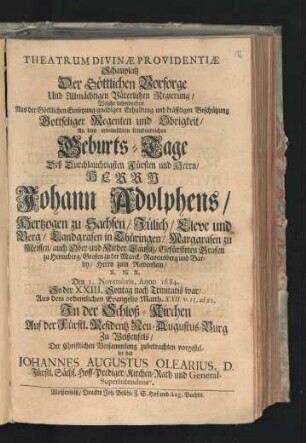 Theatrum Divinae Providentiae Schauplatz Der Göttlichen Vorsorge Und Allmächtigen Väterlichen Regierung
