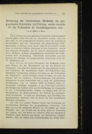 Erörterung der verschiedenen Methoden des geographischen Unterrichts und Prüfung, welche derselbe für die Volksschule die fruchtbringendsten sind