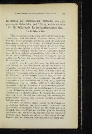 Erörterung der verschiedenen Methoden des geographischen Unterrichts und Prüfung, welche derselbe für die Volksschule die fruchtbringendsten sind