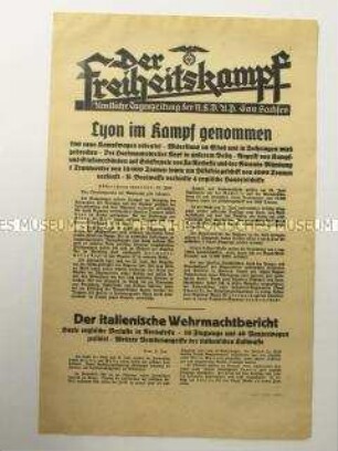 Nachrichtenblatt der sächsischen NSDAP-Zeitung "Der Freiheitskampf" über das Vordringen der deutschen Wehrmacht in Frankreich, u.a. über die Besetzung der Stadt Lyon