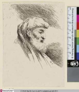Un vieillard à grand barbe , vu de profil et tourné vers la droite [Kopf eines alten Bärtigen mit orientalischem Turban]