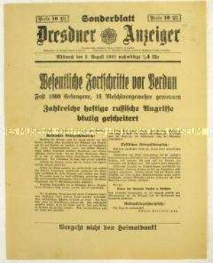 Nachrichtenblatt des "Dresdner Anzeiger" mit Kurzmeldungen von verschiedenen Kriegsschauplätzen