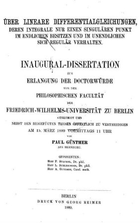 Über lineare Differentialgleichungen, deren Integrale nur einen singulären Punkt im Endlichen besitzen und im Unendlichen sich regulär verhalten