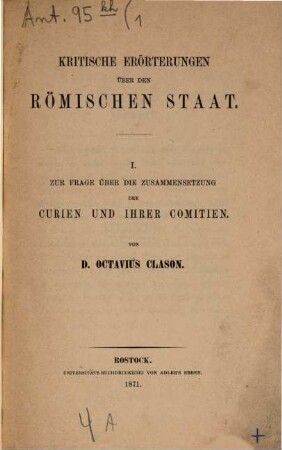 Kritische Erörterungen über den römischen Staat. I