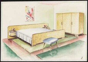 Schlafzimmermöbel. Doppelbett mit integrierten Nachttischen, Schrank 3-türig, Hocker, Deko