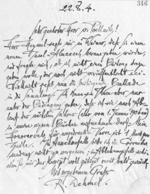 Brief an Rudolf von Pöllnitz im Insel-Verlag