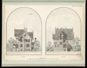 Ländliches Wohnhaus, Berlin-Lichterfelde Monatskonkurrenz April 1881: Aufriss Straßenansicht, Seitenansicht; Maßstabsleiste