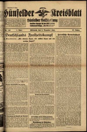 Erste Ausgabe vom Mittwoch, den 03. Dezember 1941.