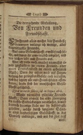 Die dreyzehende Abtheilung, Von Freunden und Freundschafft. - Die vierzehnde Abtheilung, Von Sparsamkeit und Ausgaben.
