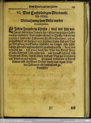 VI. Vom Hochwürdigen Abendmahl des Herrn. Vermahnung zum Gebet vor der Communion