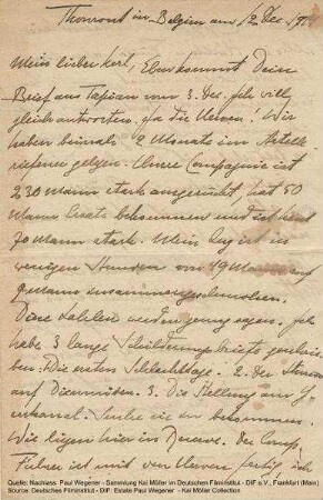 Brief von Paul Wegener an Ernst Pietsch vom 12.12.1914.