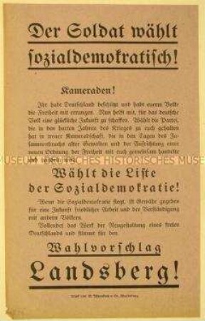 Programmatischer Wahlaufruf an die Soldaten zur Unterstützung des sozialdemokratischen Kandidaten Kurt Landsberg