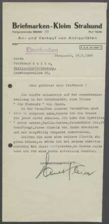 Briefwechsel zwischen der Firma Briefmarken-Kleim und Georg Kolbe
