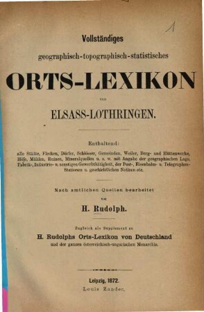 Vollständiges geographisch-topographisch-statistisches Orts-Lexikon von Elsaß-Lothringen