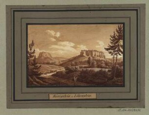 Ansicht der Festung Königstein, Radierung, um 1840 : Königstein und Lilienstein, [ca. 1840]. - 1 Kunstblatt : Radierung, sepia laviert; 10,3 x 6,7 cm