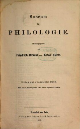 Rheinisches Museum für Philologie. 27. 1872