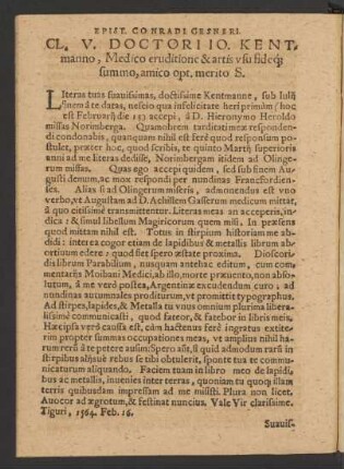 Cl. V. Doctori Io. Kentmanno, Medico eruditione & artis usu fideque summo, amico opt. merito S.
